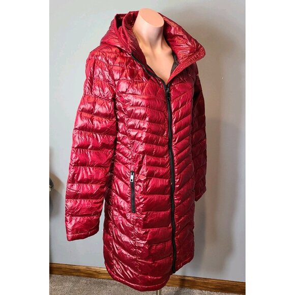 Calvin Klein Packable Lightweight Premium Down Coat Red Hooded Womens Medium - Picture 4 of 11